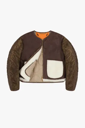 Shearling Cropped Aviator Quilt Jacket - Chocolate / Natural