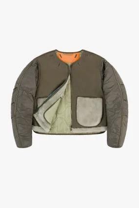 Shearling Cropped Aviator Quilt Jacket - Dark Olive / Pale Jade