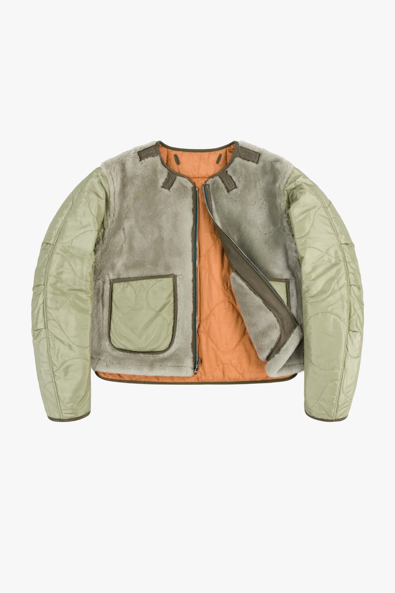 Shearling Cropped Aviator Quilt Jacket - Dark Olive / Pale Jade