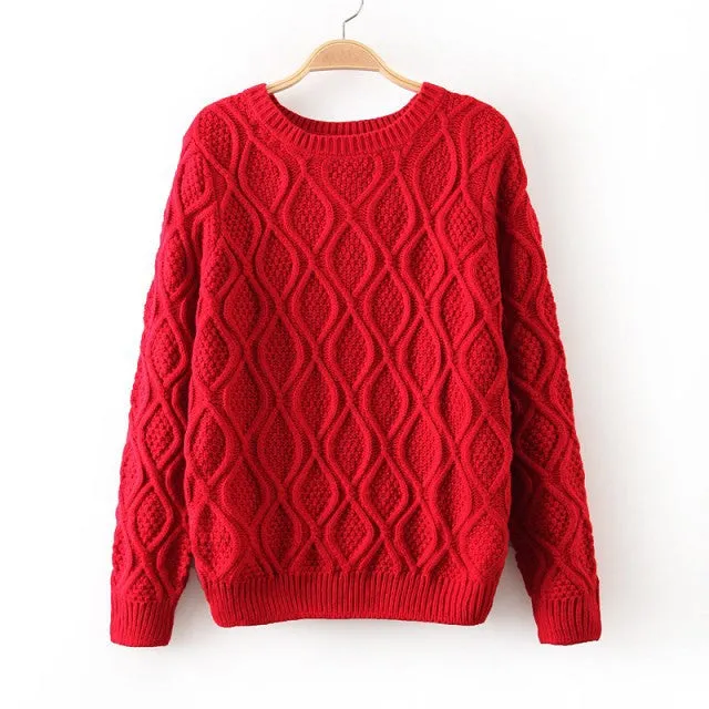 Solid Color Pullover Diamond Scoop Knit Sweater