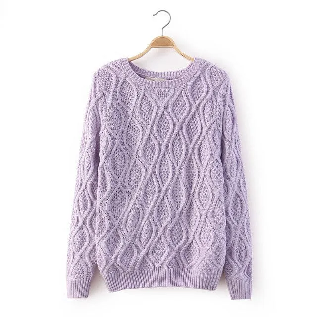 Solid Color Pullover Diamond Scoop Knit Sweater