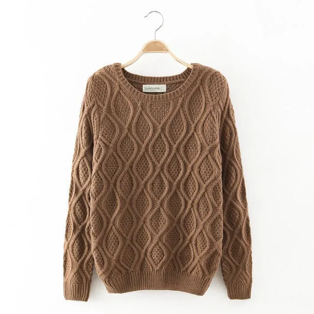 Solid Color Pullover Diamond Scoop Knit Sweater