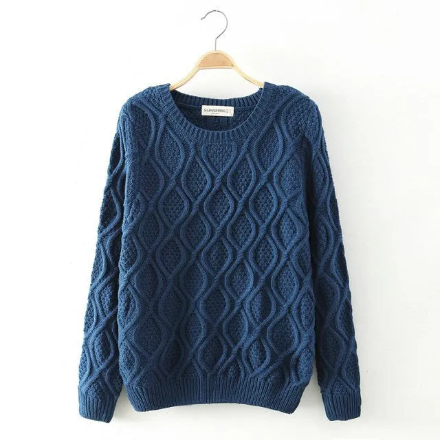Solid Color Pullover Diamond Scoop Knit Sweater