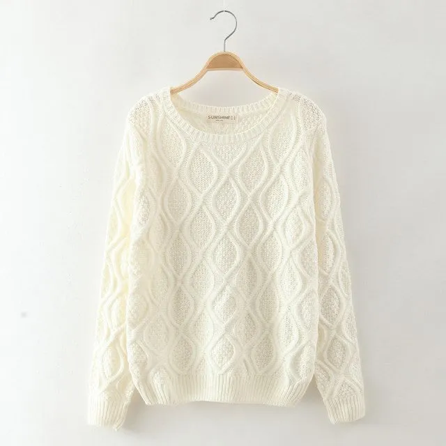 Solid Color Pullover Diamond Scoop Knit Sweater