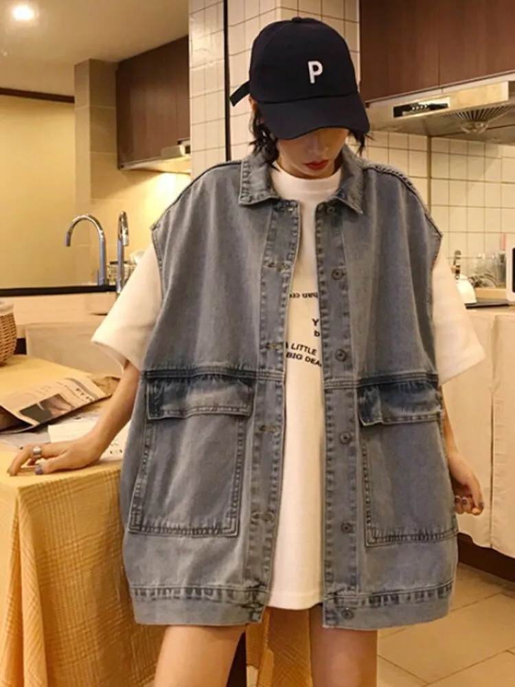Spring And Autumn BF Loose Short Denim Vest Coat
