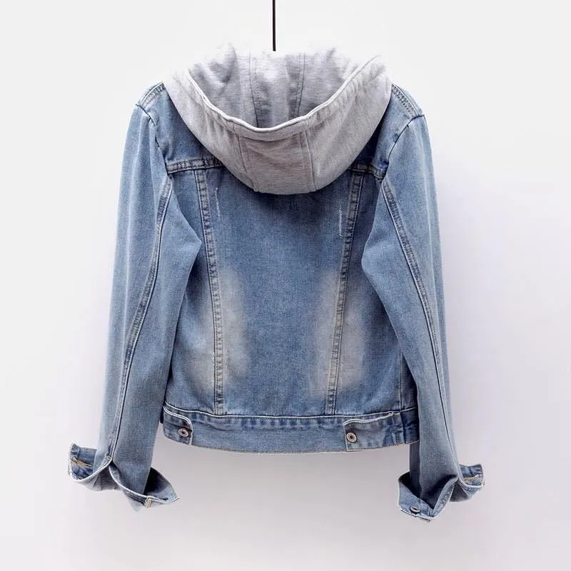 Spring And Autumn New Long Sleeve Slim Hooded Denim Jacket