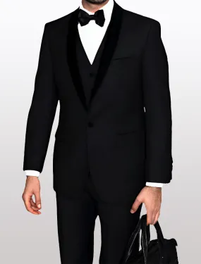 Statement Men's Black with Black Lapel Vested 100% Wool Velvet Tuxedo