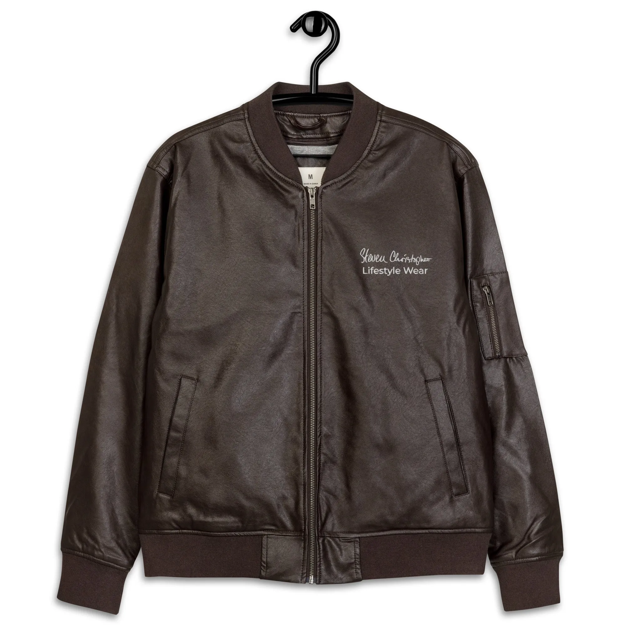 Steven Christopher Lifestyle Wear | Unisex Brown Faux Leather Bomber Jacket w/ White & Olde Gold Embroidery