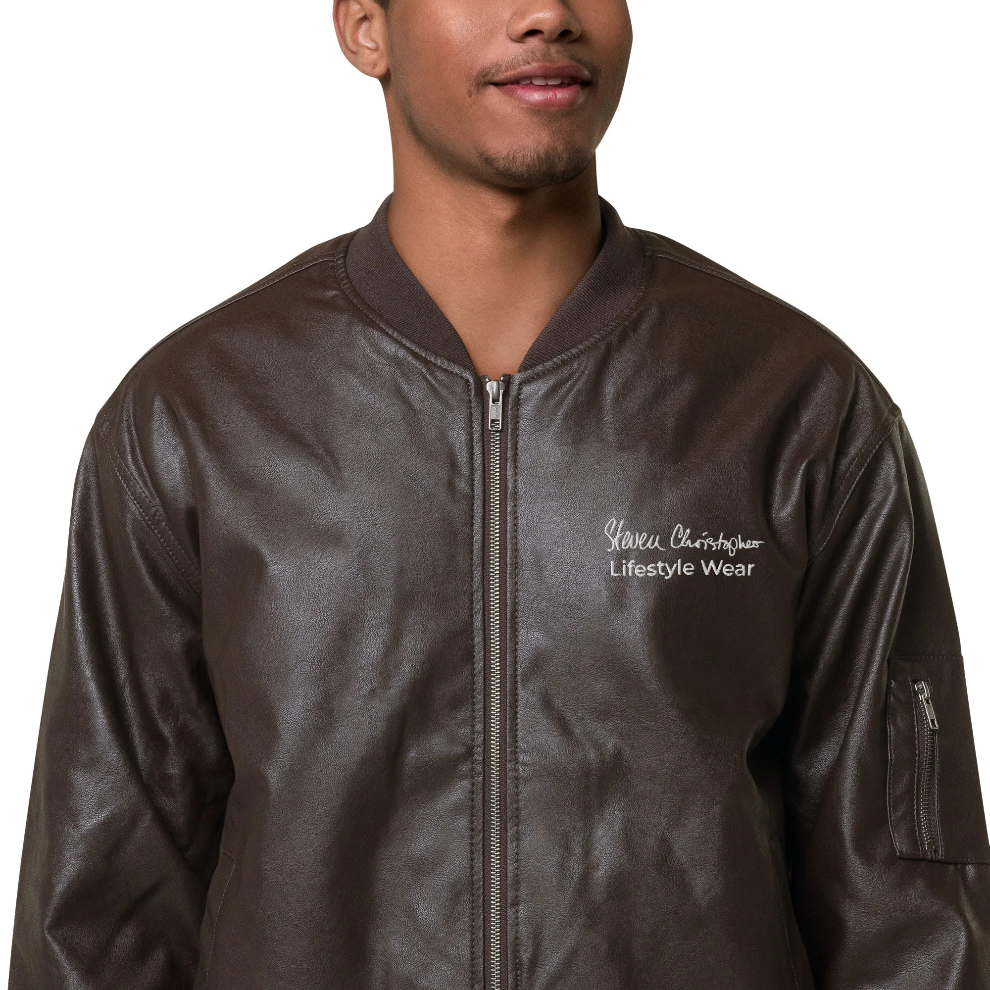 Steven Christopher Lifestyle Wear | Unisex Brown Faux Leather Bomber Jacket w/ White & Olde Gold Embroidery