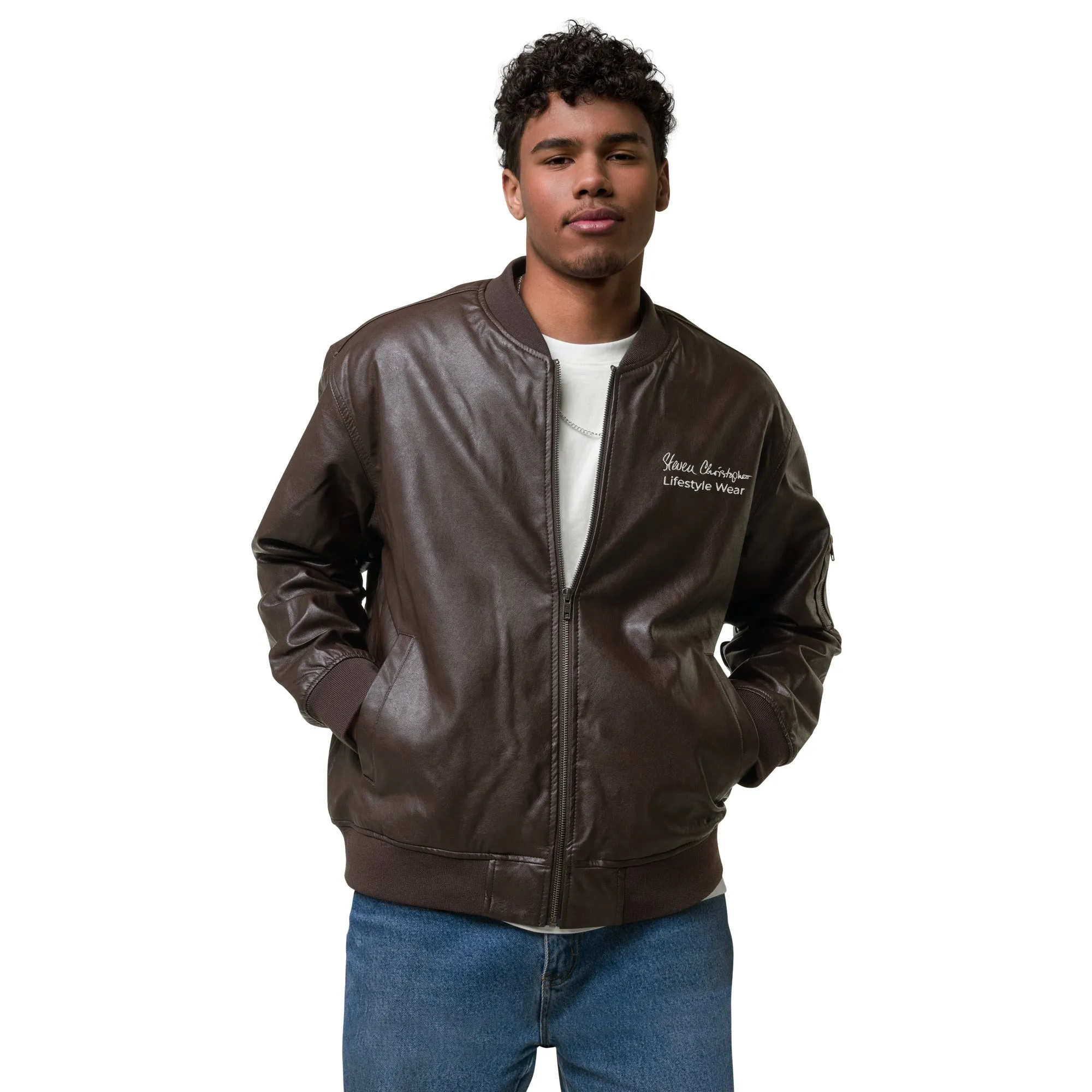 Steven Christopher Lifestyle Wear | Unisex Brown Faux Leather Bomber Jacket w/ White & Olde Gold Embroidery