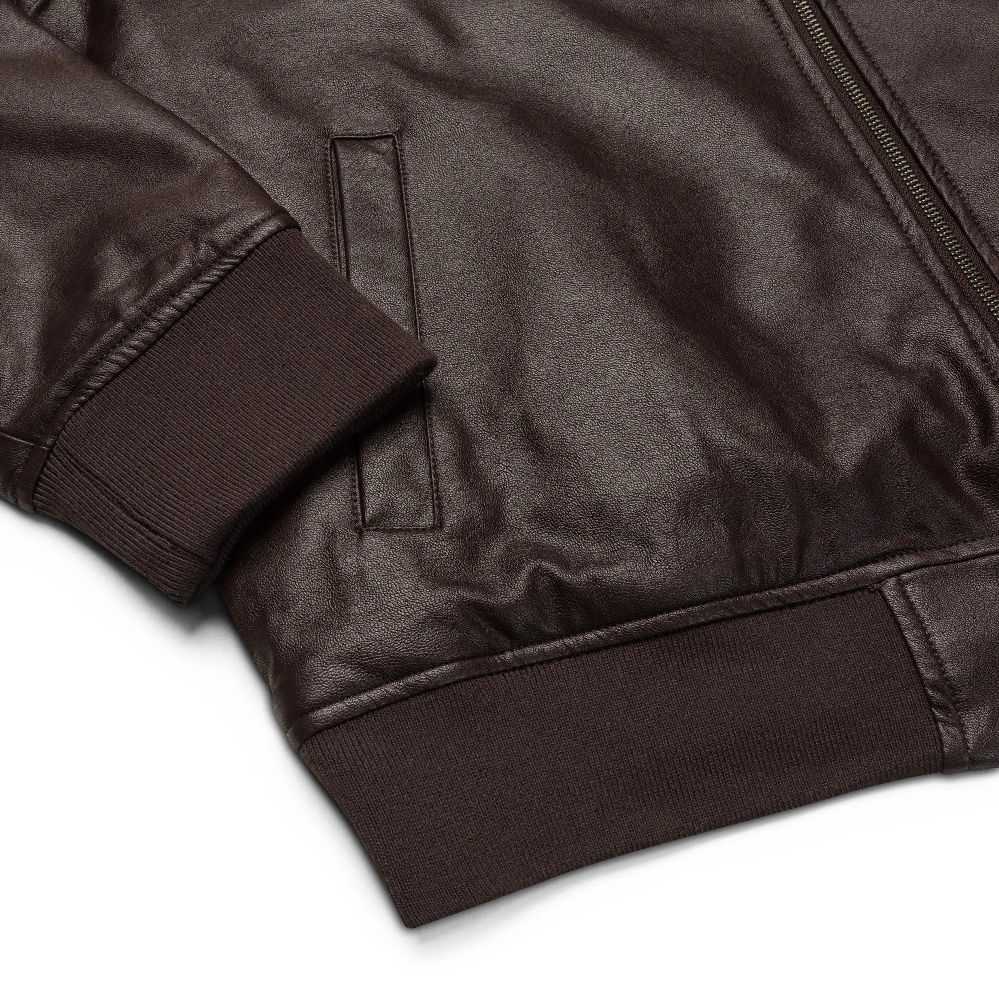 Steven Christopher Lifestyle Wear | Unisex Brown Faux Leather Bomber Jacket w/ White & Olde Gold Embroidery