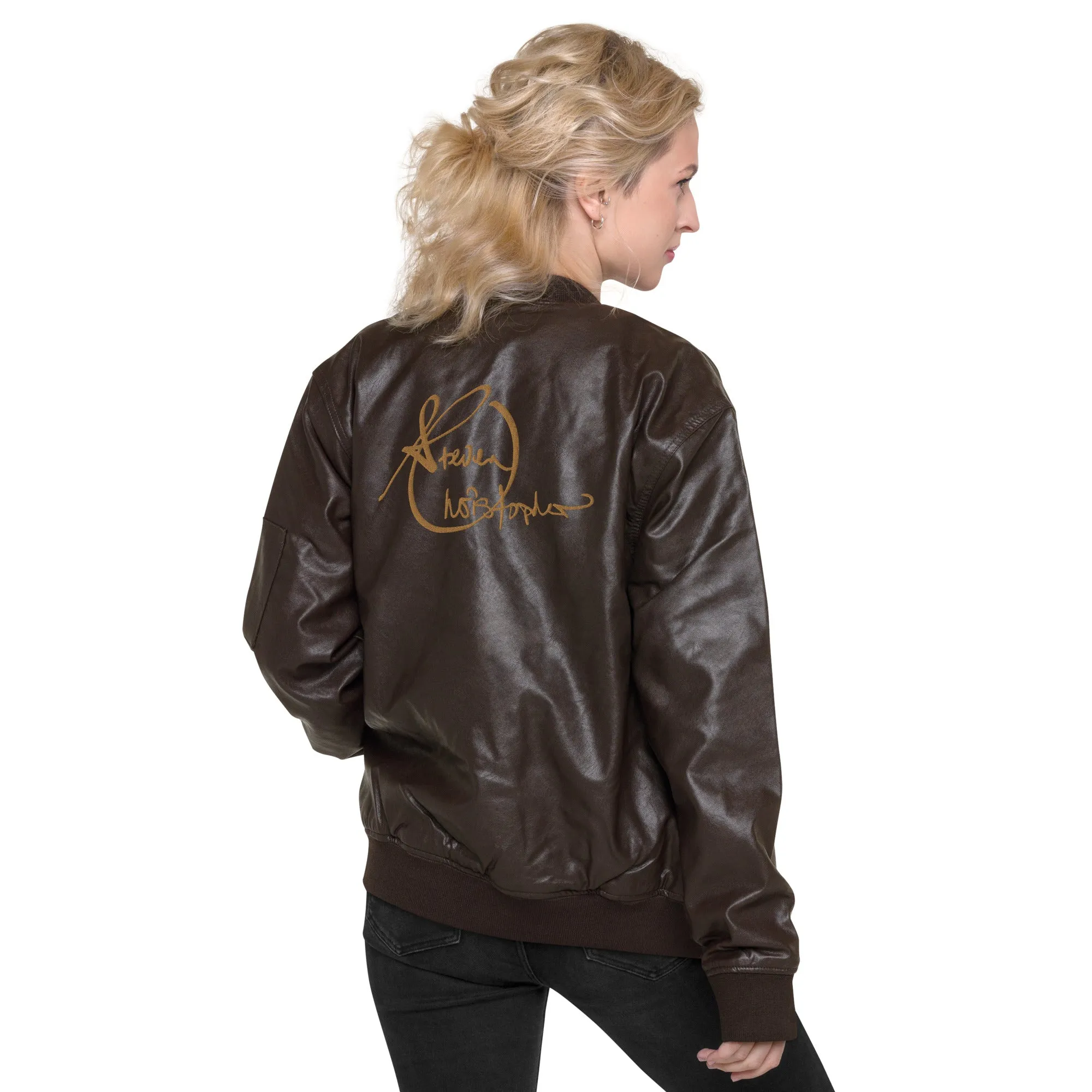 Steven Christopher Lifestyle Wear | Unisex Brown Faux Leather Bomber Jacket w/ White & Olde Gold Embroidery