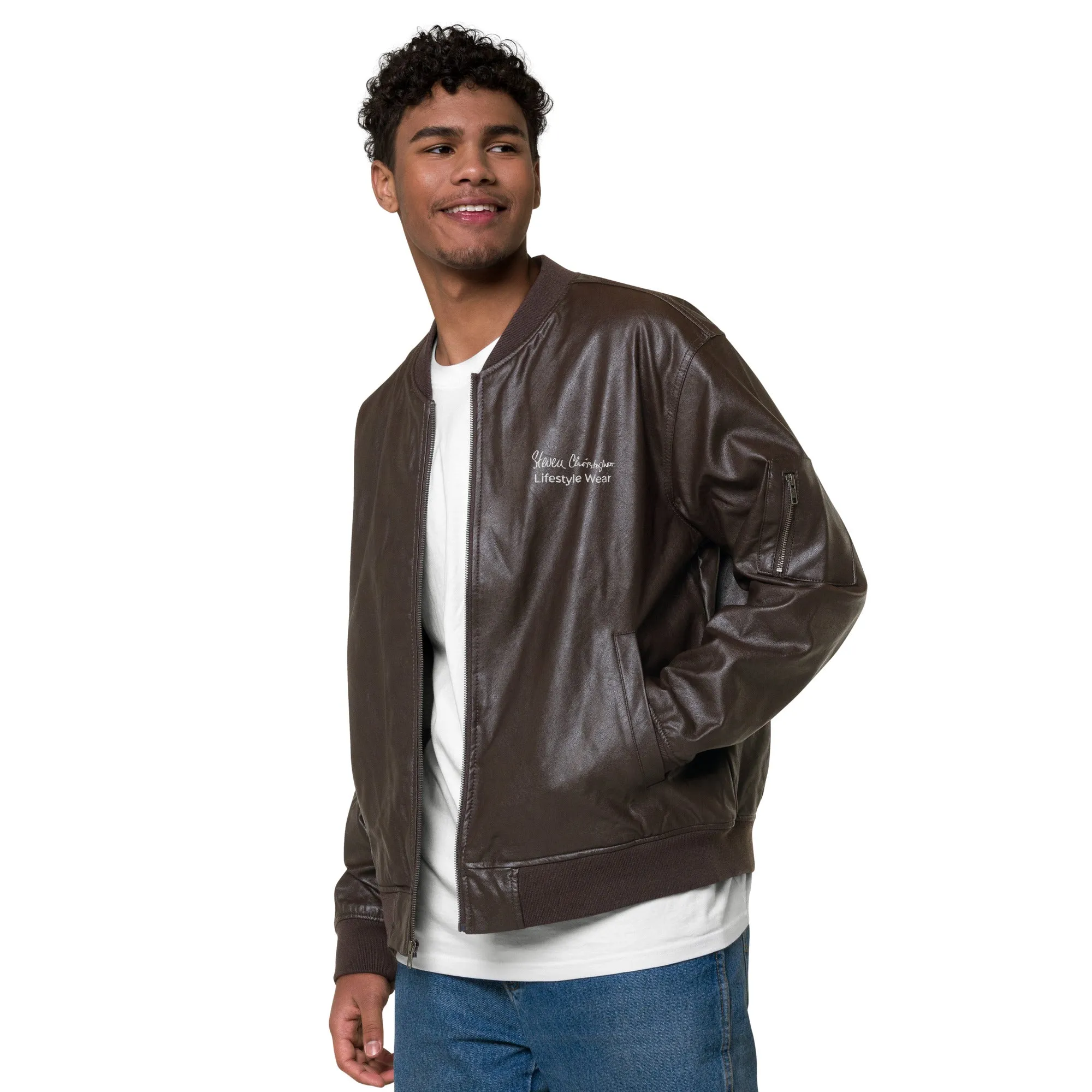 Steven Christopher Lifestyle Wear | Unisex Brown Faux Leather Bomber Jacket w/ White & Olde Gold Embroidery