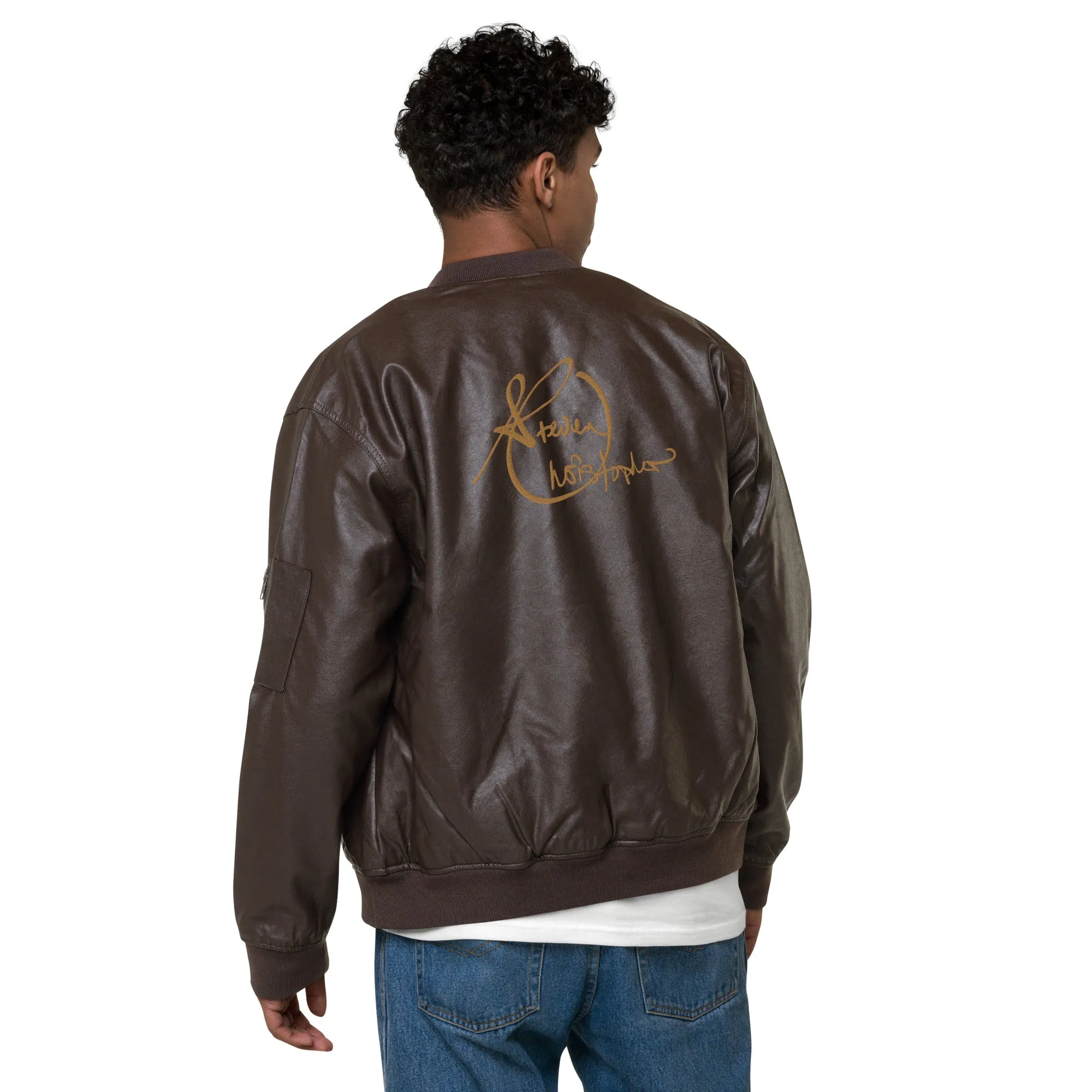Steven Christopher Lifestyle Wear | Unisex Brown Faux Leather Bomber Jacket w/ White & Olde Gold Embroidery