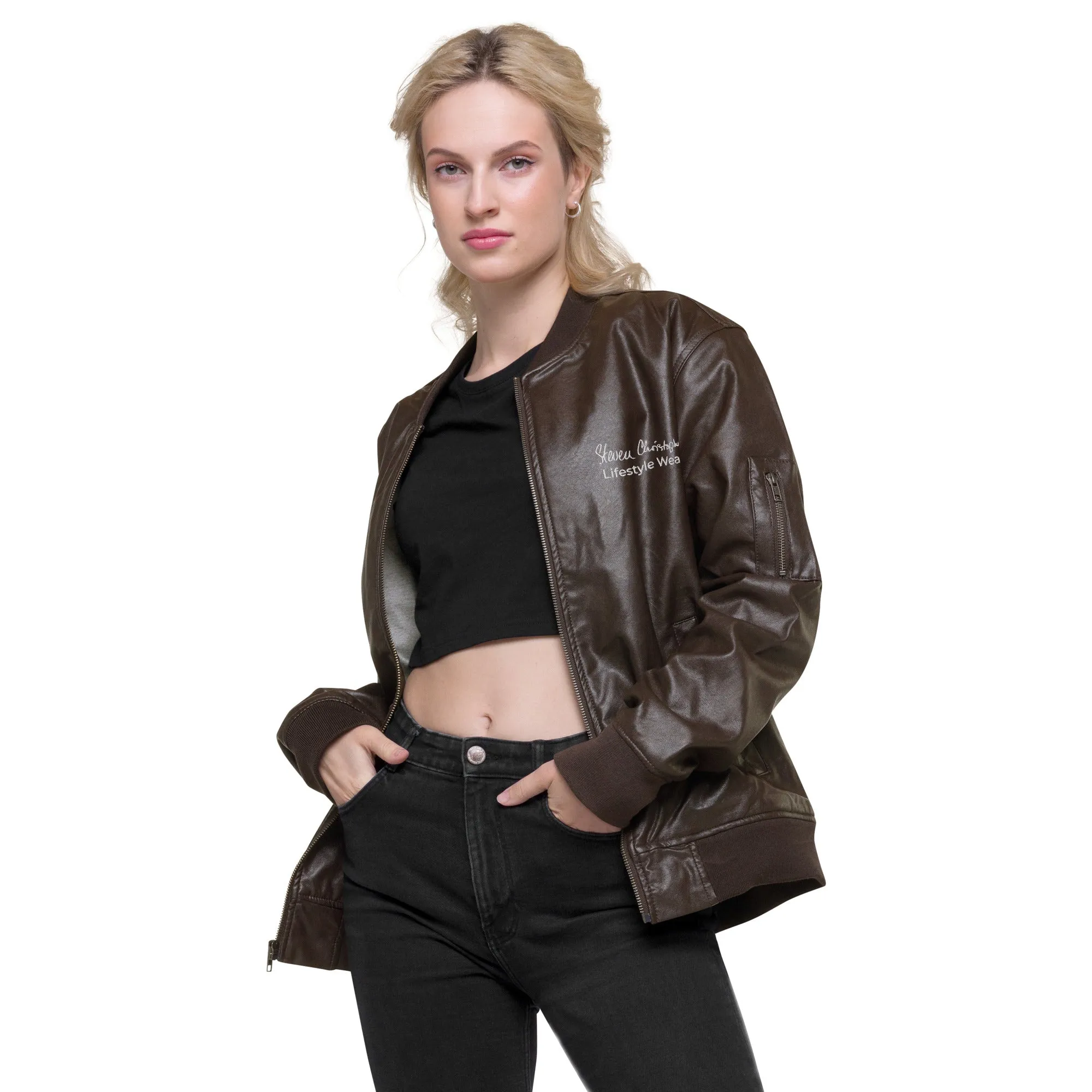 Steven Christopher Lifestyle Wear | Unisex Brown Faux Leather Bomber Jacket w/ White & Olde Gold Embroidery