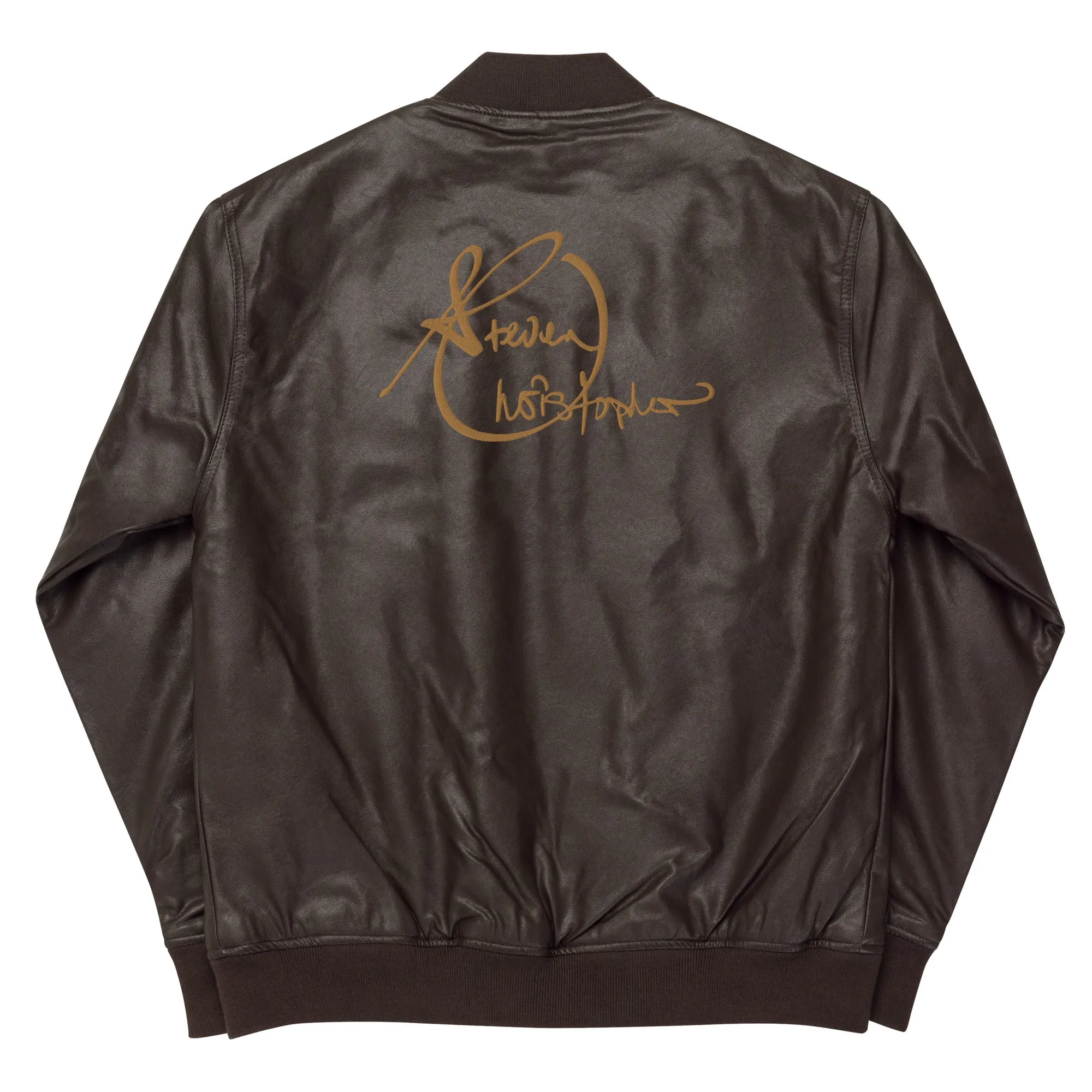 Steven Christopher Lifestyle Wear | Unisex Brown Faux Leather Bomber Jacket w/ White & Olde Gold Embroidery