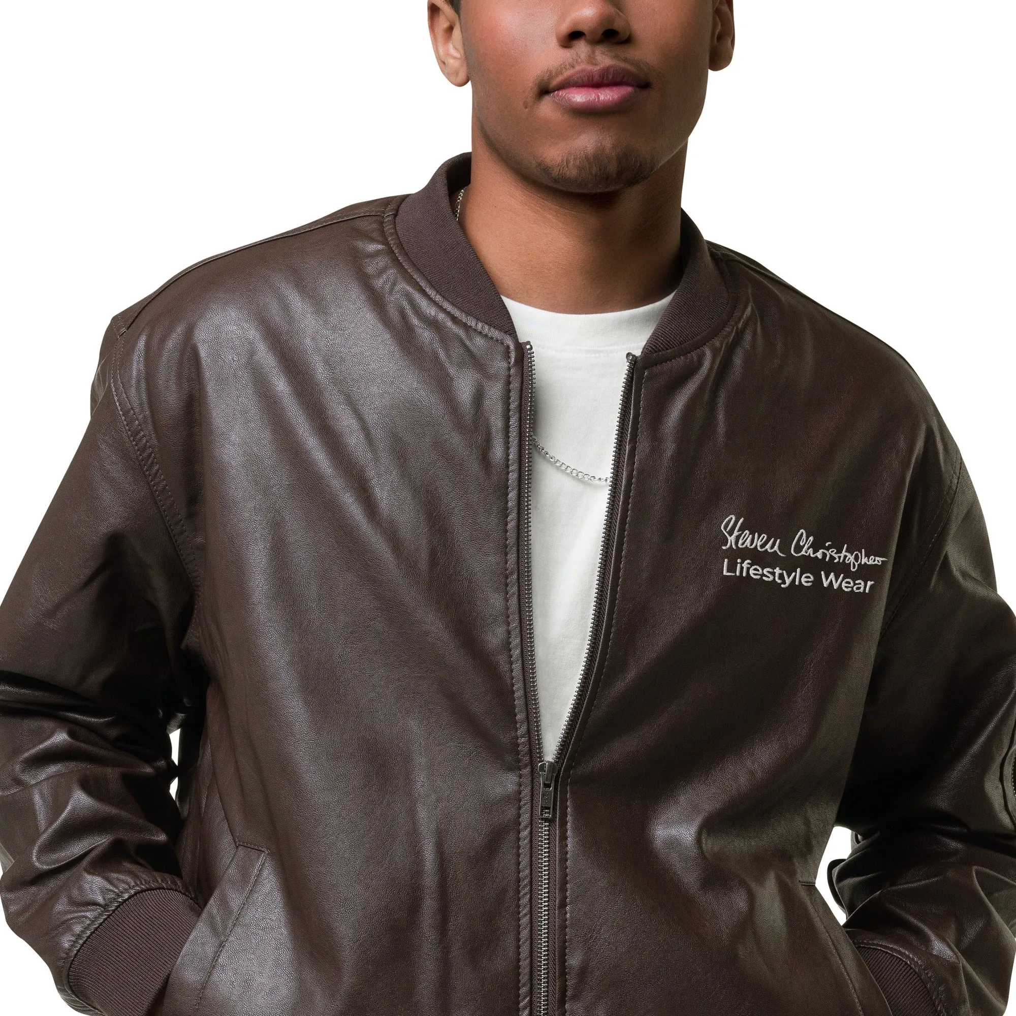 Steven Christopher Lifestyle Wear | Unisex Brown Faux Leather Bomber Jacket w/ White & Olde Gold Embroidery