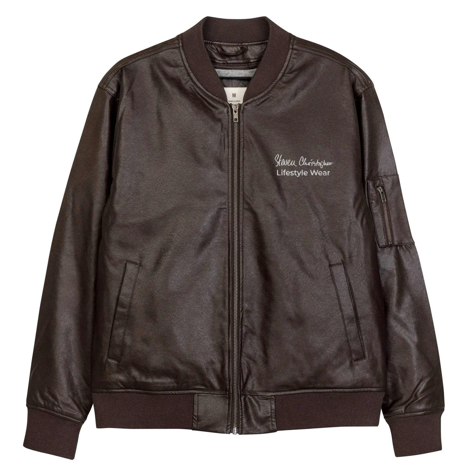 Steven Christopher Lifestyle Wear | Unisex Brown Faux Leather Bomber Jacket w/ White & Olde Gold Embroidery