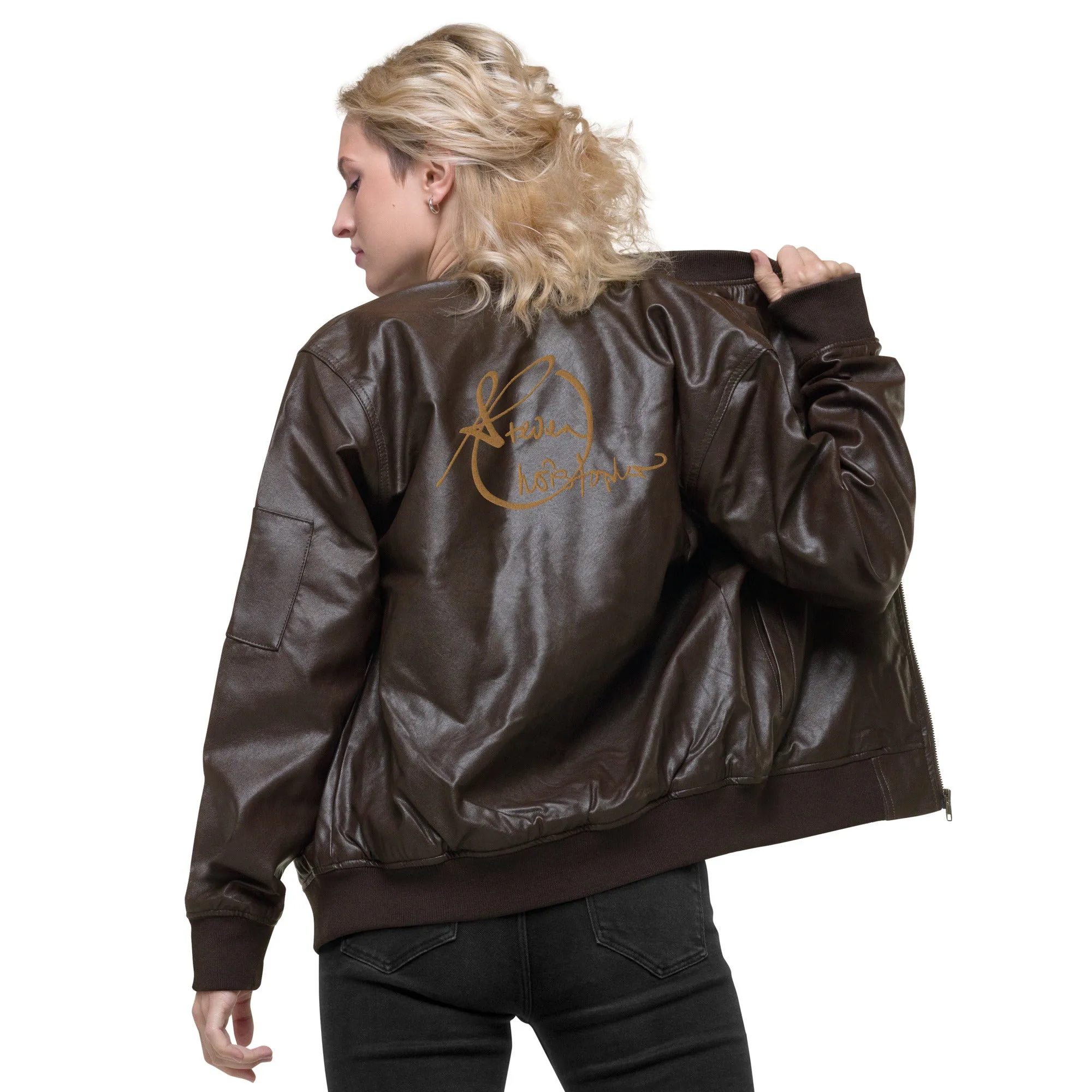 Steven Christopher Lifestyle Wear | Unisex Brown Faux Leather Bomber Jacket w/ White & Olde Gold Embroidery