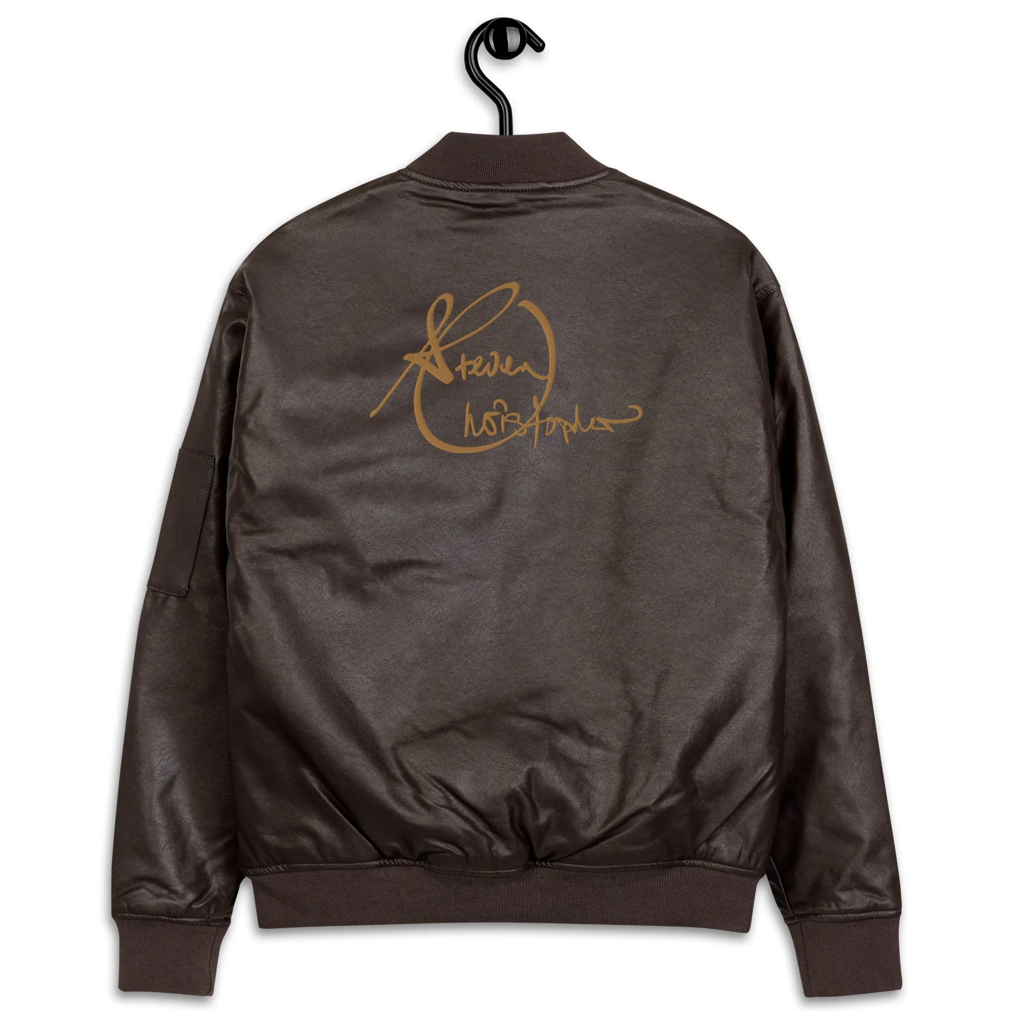 Steven Christopher Lifestyle Wear | Unisex Brown Faux Leather Bomber Jacket w/ White & Olde Gold Embroidery
