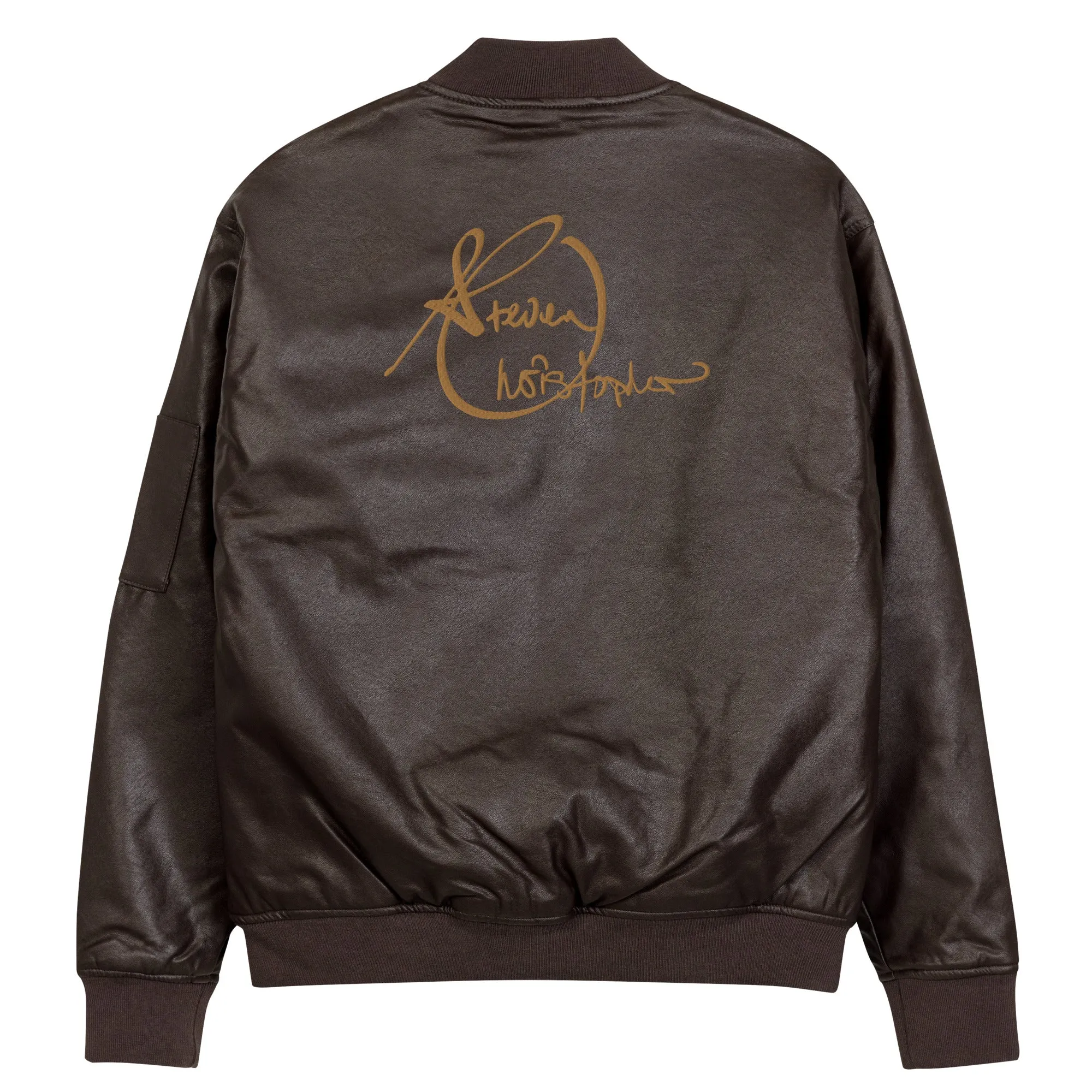 Steven Christopher Lifestyle Wear | Unisex Brown Faux Leather Bomber Jacket w/ White & Olde Gold Embroidery