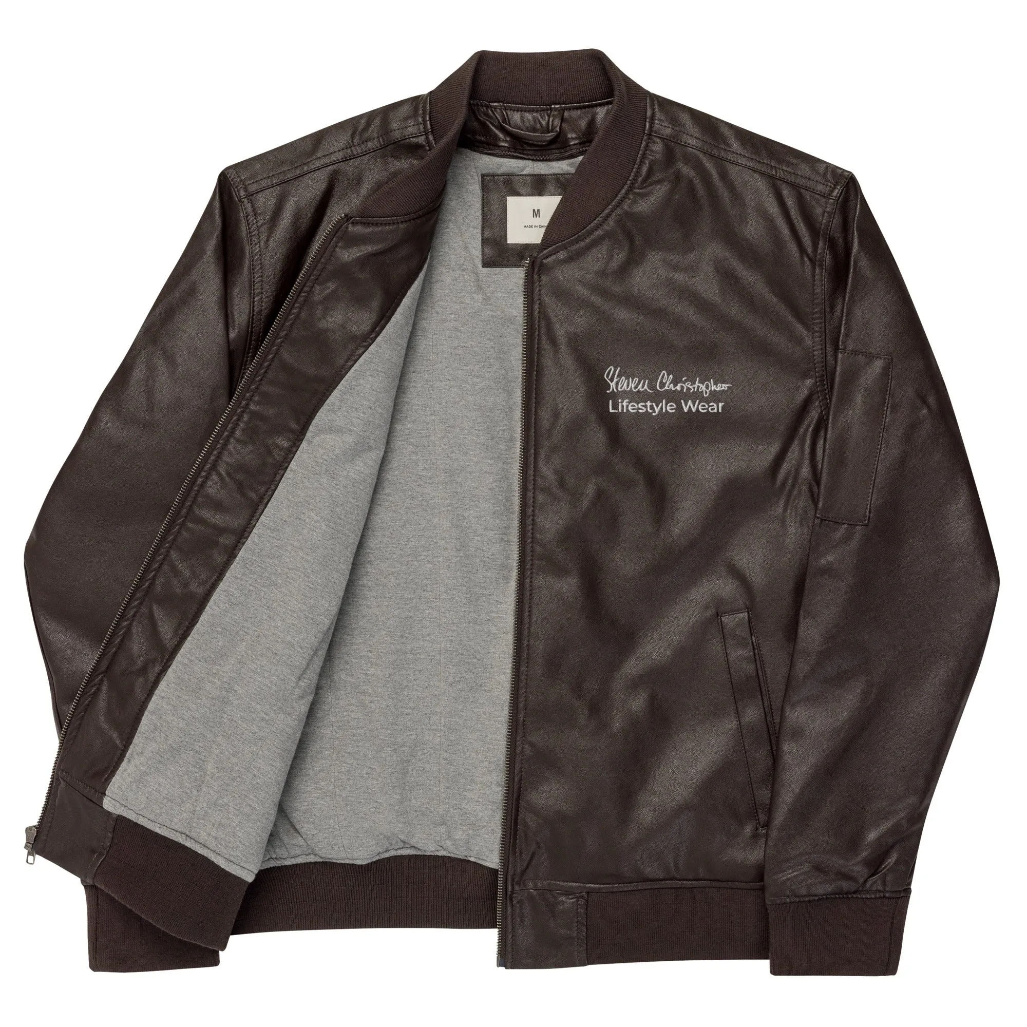 Steven Christopher Lifestyle Wear | Unisex Brown Faux Leather Bomber Jacket w/ White & Olde Gold Embroidery