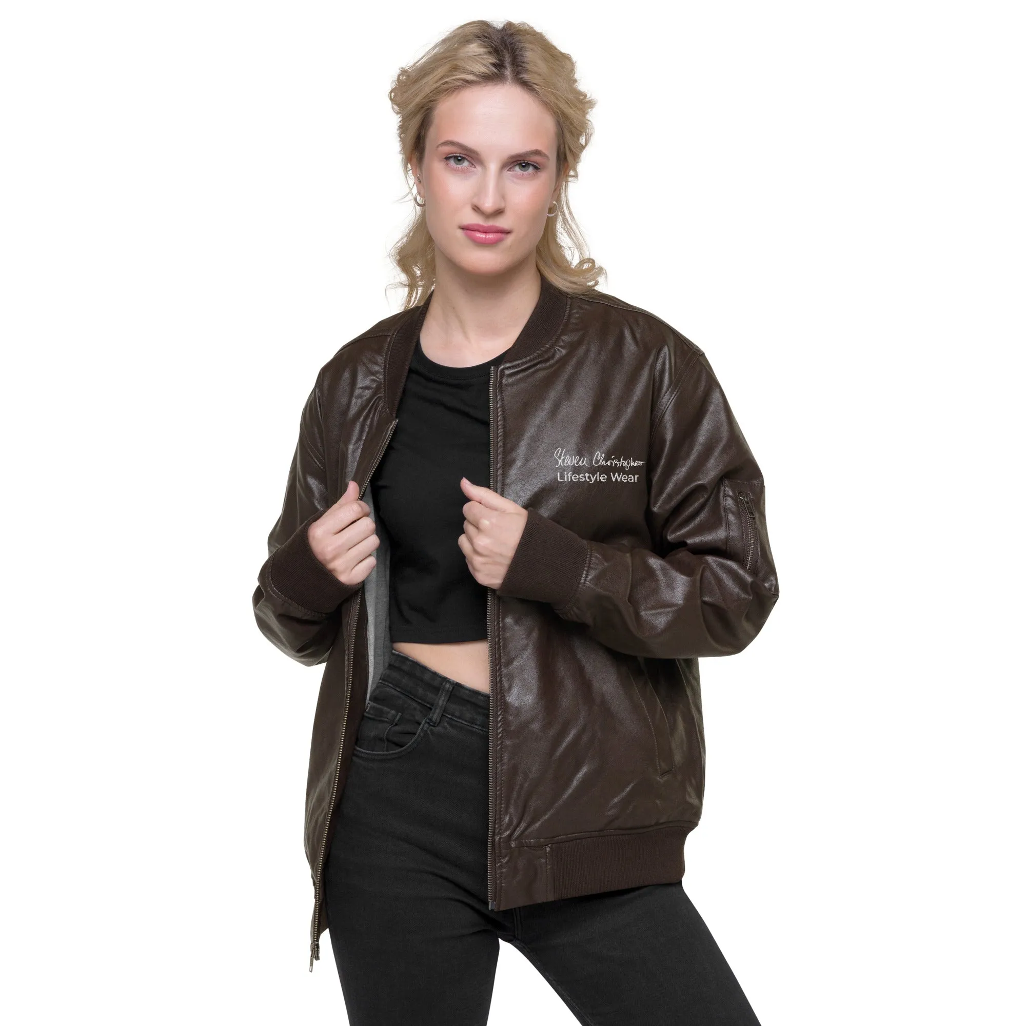 Steven Christopher Lifestyle Wear | Unisex Brown Faux Leather Bomber Jacket w/ White & Olde Gold Embroidery