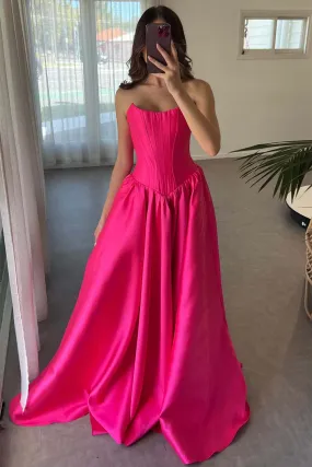 Strapless Long Bright Pink Prom Dress
