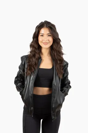 The Lex Athletic Leather Bomber- Black
