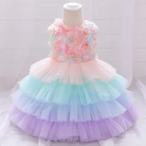 Toddler Girl 3D Flower Decor Sleeveless Mesh Layered Hem Formal Dress