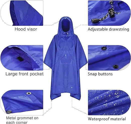 TOMSHOO Rain Poncho, Raincoat, Waterproof Camping Tent, Tarpaulin, 3-in-1 Multifunctional rain Cover for Hunting, Camping, Hiking and Cycling