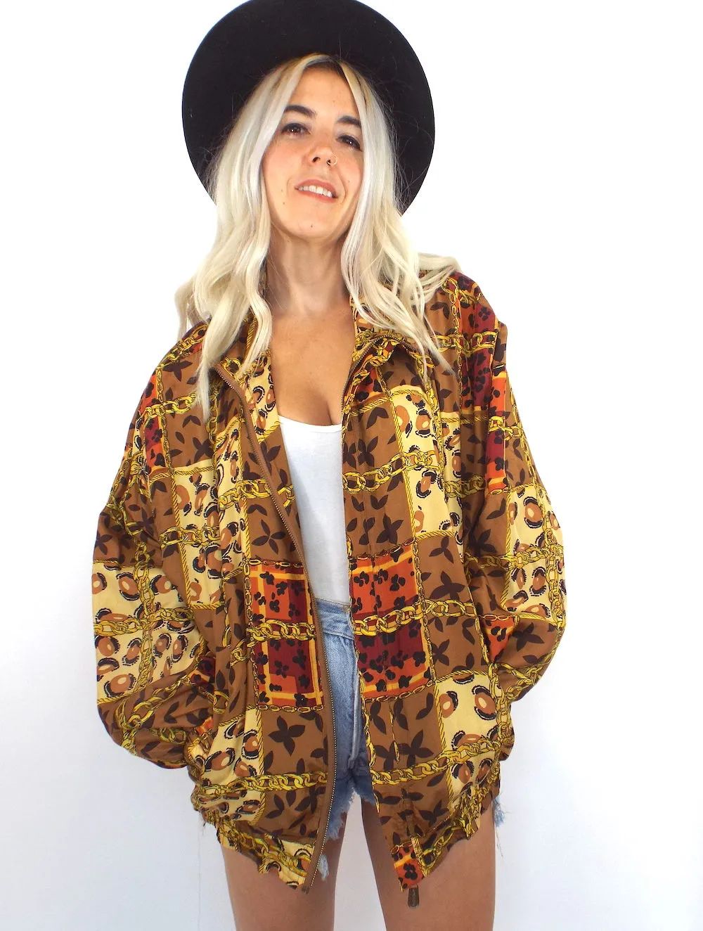 Vintage 90s Silk Baroque-Syle Leopard and Chain Print Bomber Jacket
