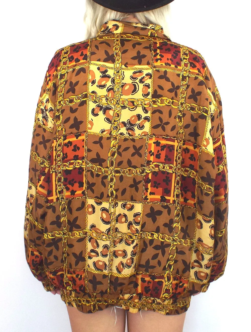 Vintage 90s Silk Baroque-Syle Leopard and Chain Print Bomber Jacket