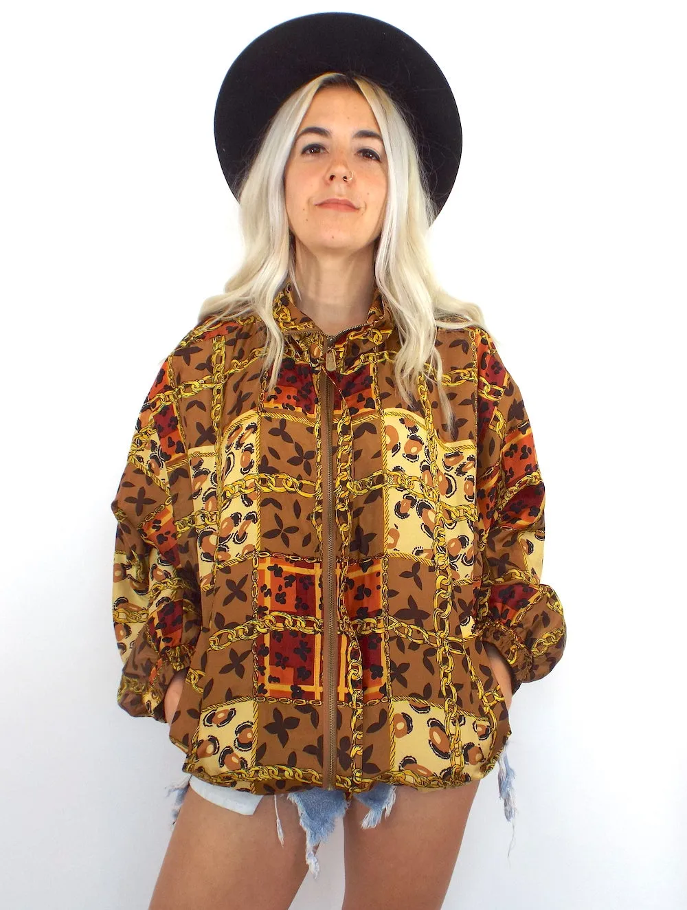 Vintage 90s Silk Baroque-Syle Leopard and Chain Print Bomber Jacket