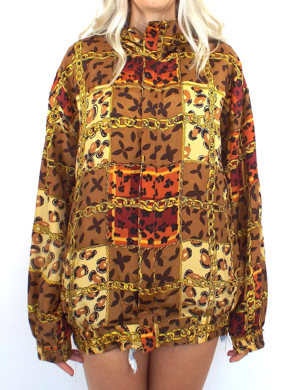 Vintage 90s Silk Baroque-Syle Leopard and Chain Print Bomber Jacket