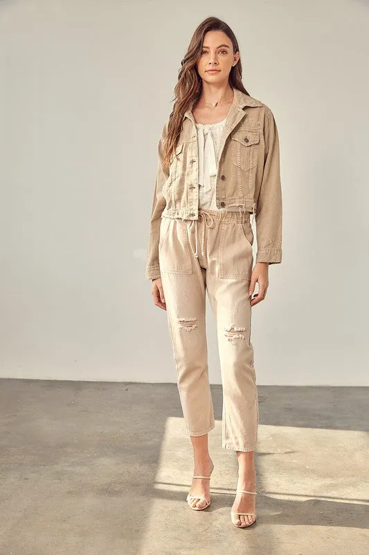 Washed Denim Jacket-Taupe