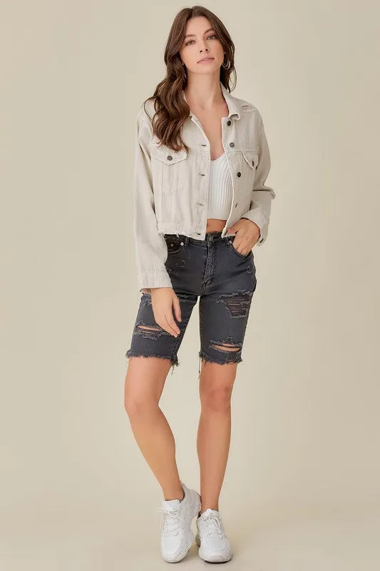 Washed Denim Jacket-Taupe