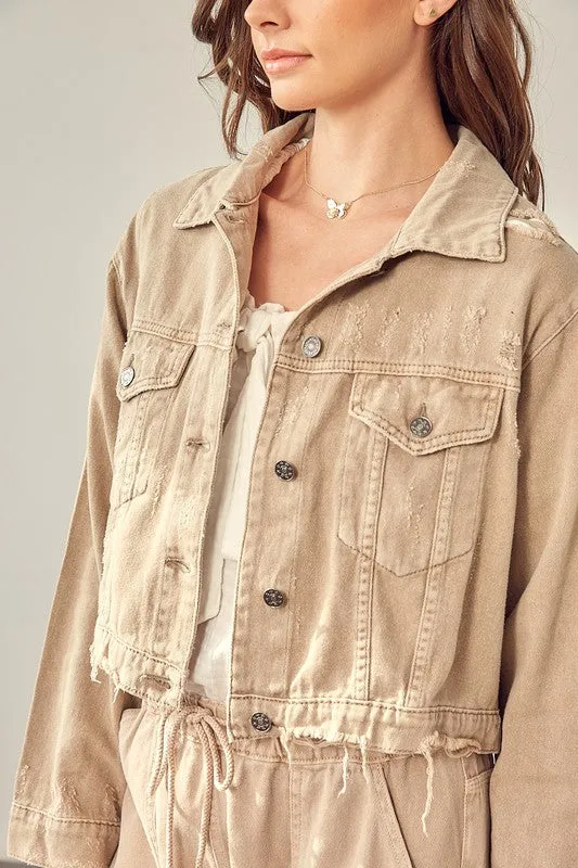 Washed Denim Jacket-Taupe