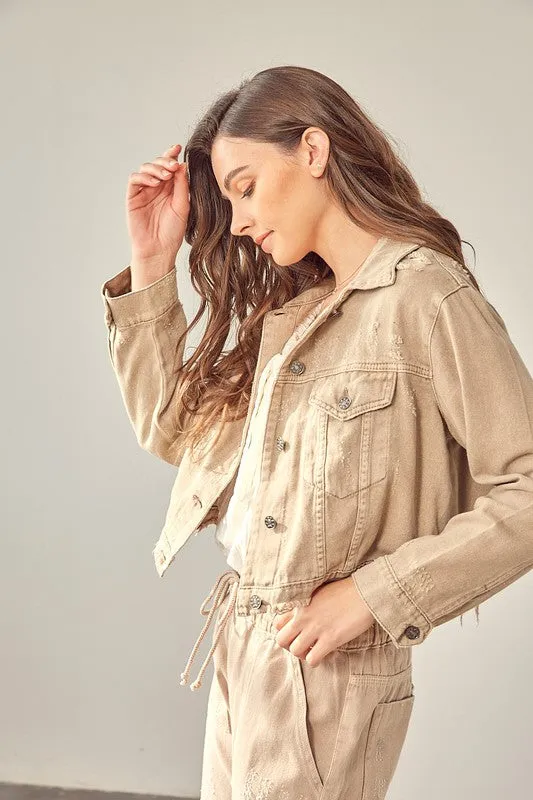 Washed Denim Jacket-Taupe