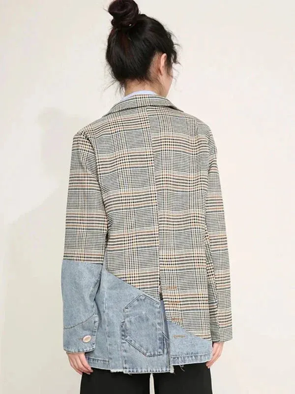 Wenkouban-Winter outfits Christmas Blue Denim Patchwork Plaid Blazer Jacket