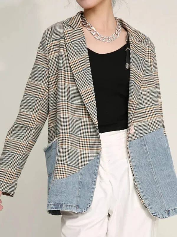 Wenkouban-Winter outfits Christmas Blue Denim Patchwork Plaid Blazer Jacket