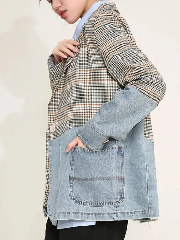 Wenkouban-Winter outfits Christmas Blue Denim Patchwork Plaid Blazer Jacket