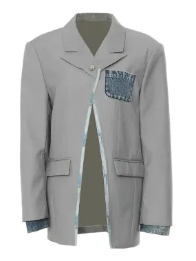 Wenkouban-Winter outfits Christmas Notched Denim Spliced Single Button Blazer Jacket