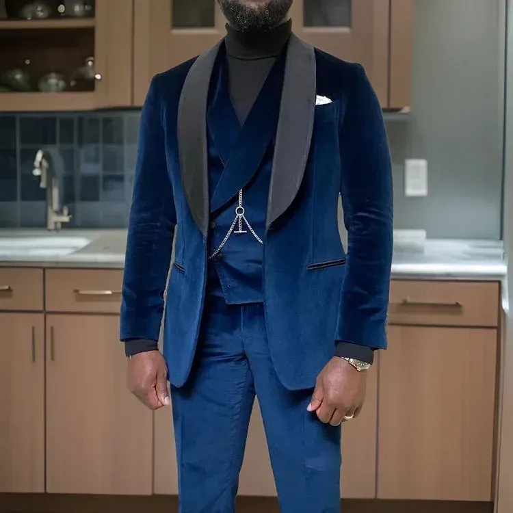 Wiaofellas  -  Formal Slim Fit Men Suits 3 Pcs Wedding Groom Tuxedos One Button Terno Velvet Smoking Jacket With Vest Pants
