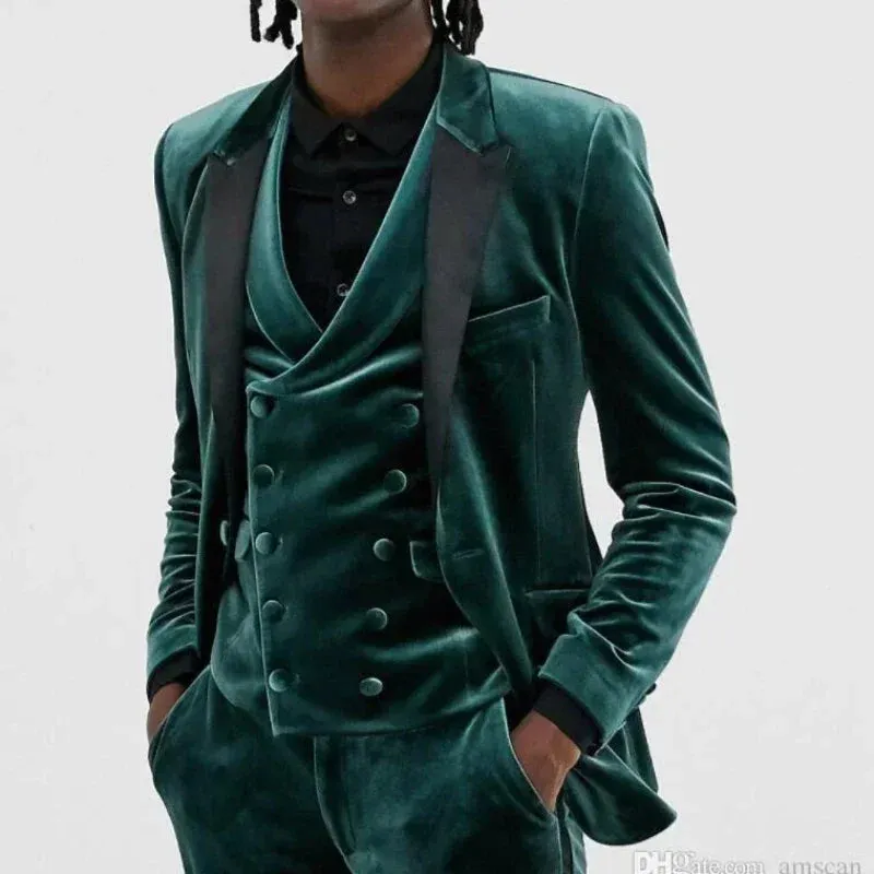 Wiaofellas  -  Groom Tuxedos For Wedding  Black Peak Lapel Velvet Men Suits 3 Pieces Best Male Smoking Blazer ( Jacket Pants Vest )