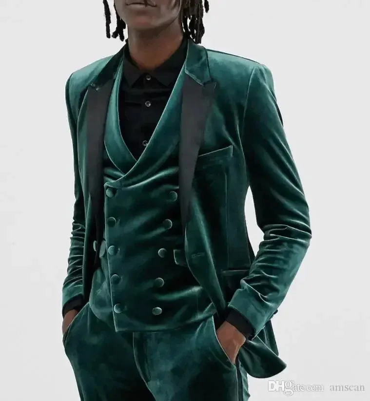 Wiaofellas  -  Groom Tuxedos For Wedding  Black Peak Lapel Velvet Men Suits 3 Pieces Best Male Smoking Blazer ( Jacket Pants Vest )