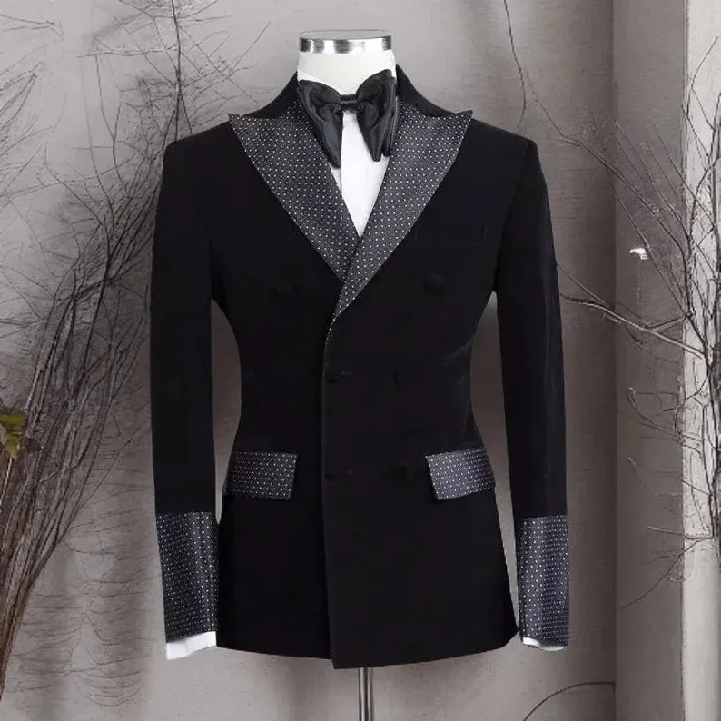 Wiaofellas  -  Slim Fit Dots Men Suits Dots Groom Tuxedos For Wedding Party Slim Fit 2 Pieces Black Velvet Smoking Blazer (Jacket Pants)