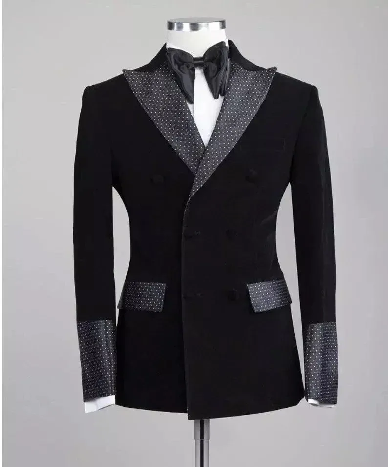 Wiaofellas  -  Slim Fit Dots Men Suits Dots Groom Tuxedos For Wedding Party Slim Fit 2 Pieces Black Velvet Smoking Blazer (Jacket Pants)