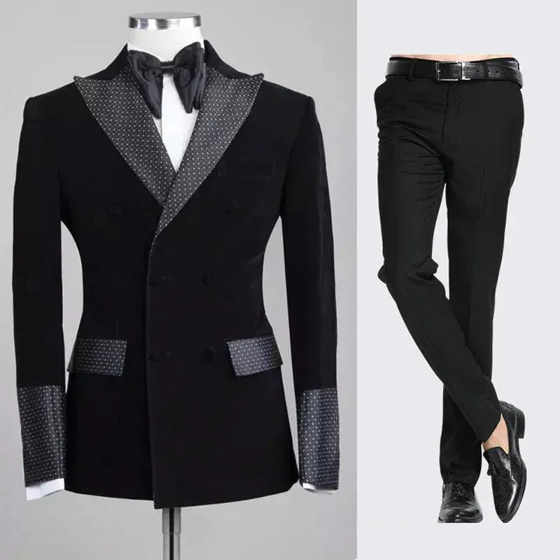 Wiaofellas  -  Slim Fit Dots Men Suits Dots Groom Tuxedos For Wedding Party Slim Fit 2 Pieces Black Velvet Smoking Blazer (Jacket Pants)
