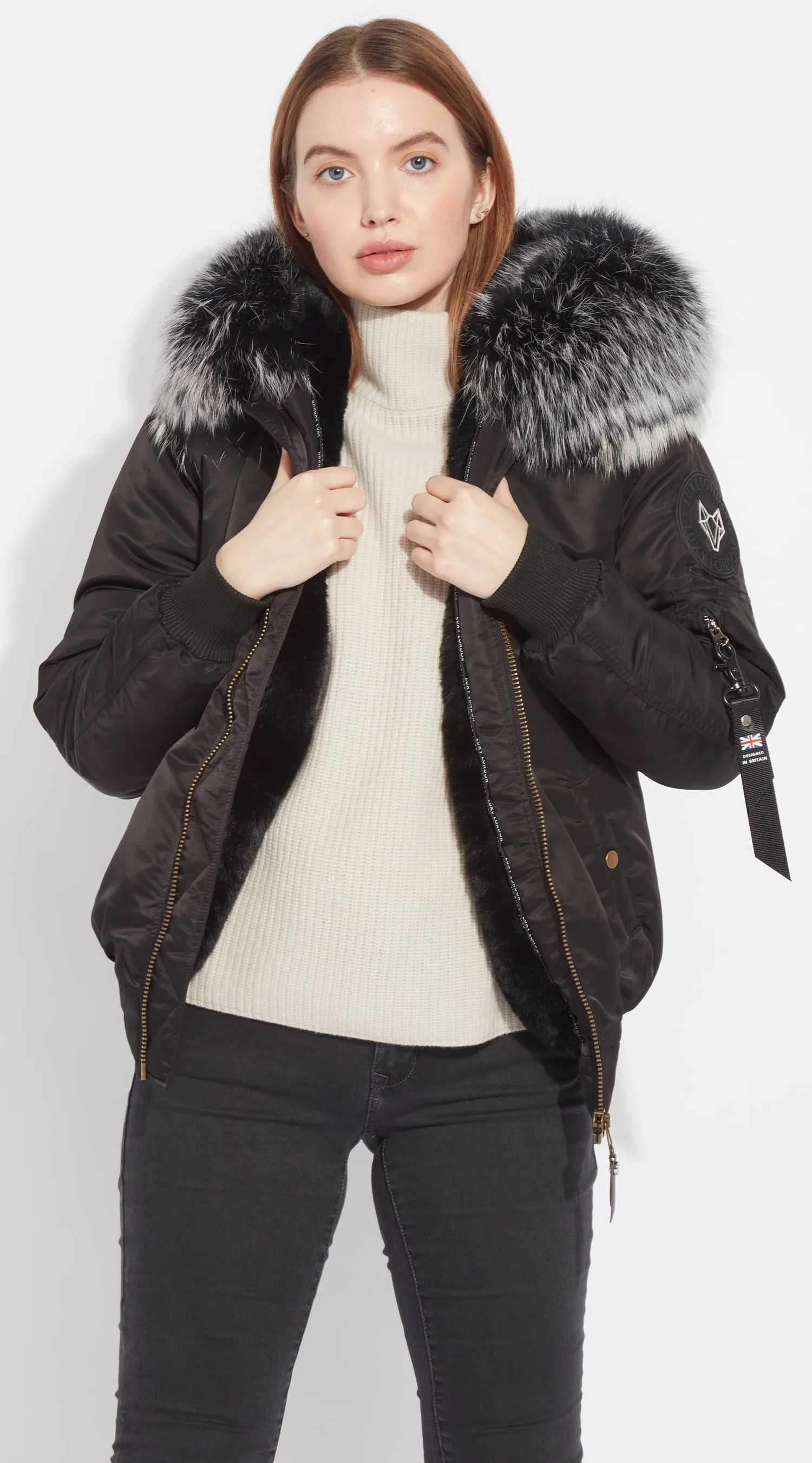 Womens Black Luxy Fur Bomber - Black Mist